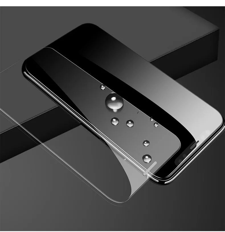 Samsung phone tempered glass screen protector showing fullscreen coverage and anti-fingerprint surface.