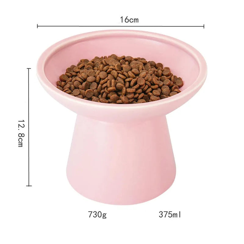 Ceramic elevated cat food bowl set in blue green pink or white colours with wide shallow design