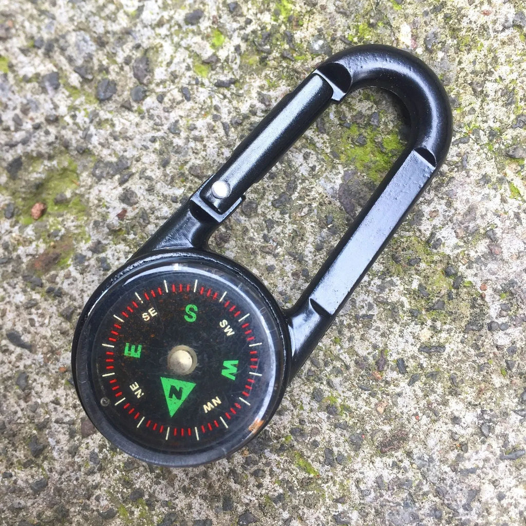 Zinc alloy double-sided climbing carabiner with integrated thermometer and compass in black, army green, and rose gold colours