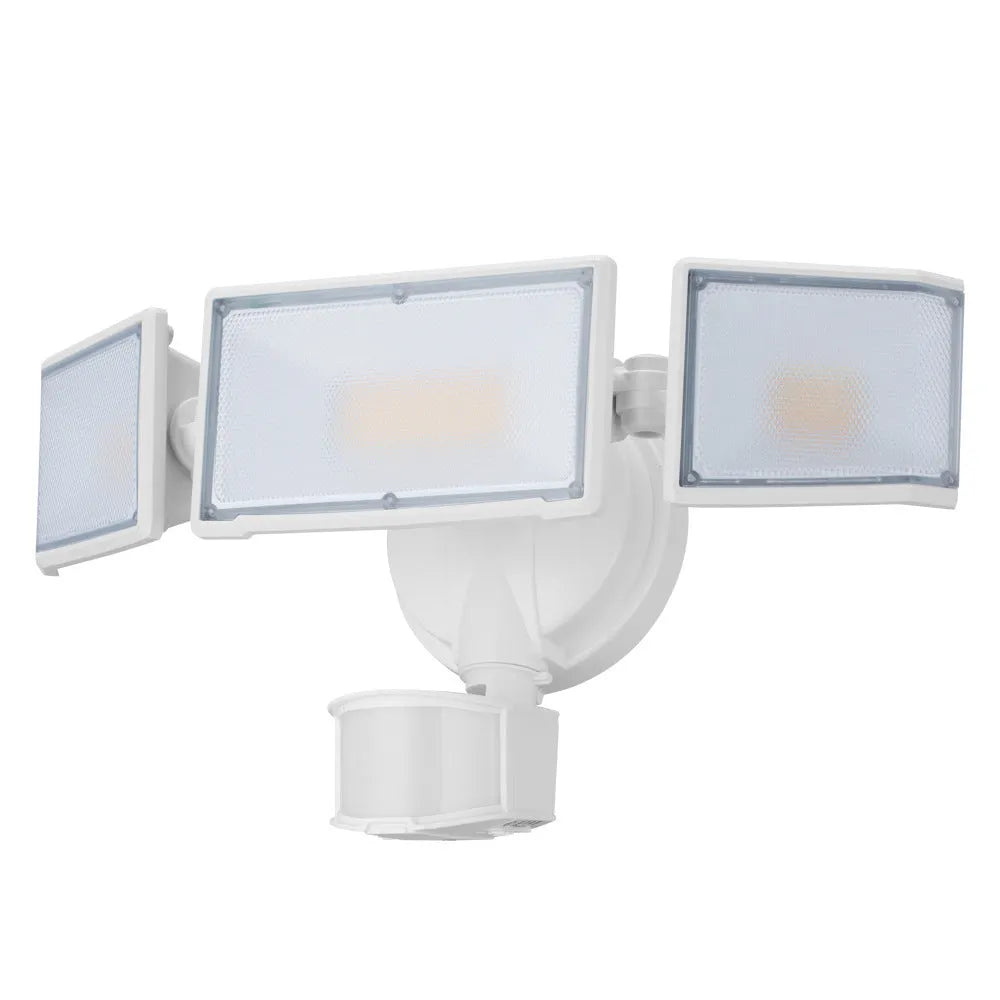 White 120V LED outdoor security flood light with motion sensor mounted on a wall.