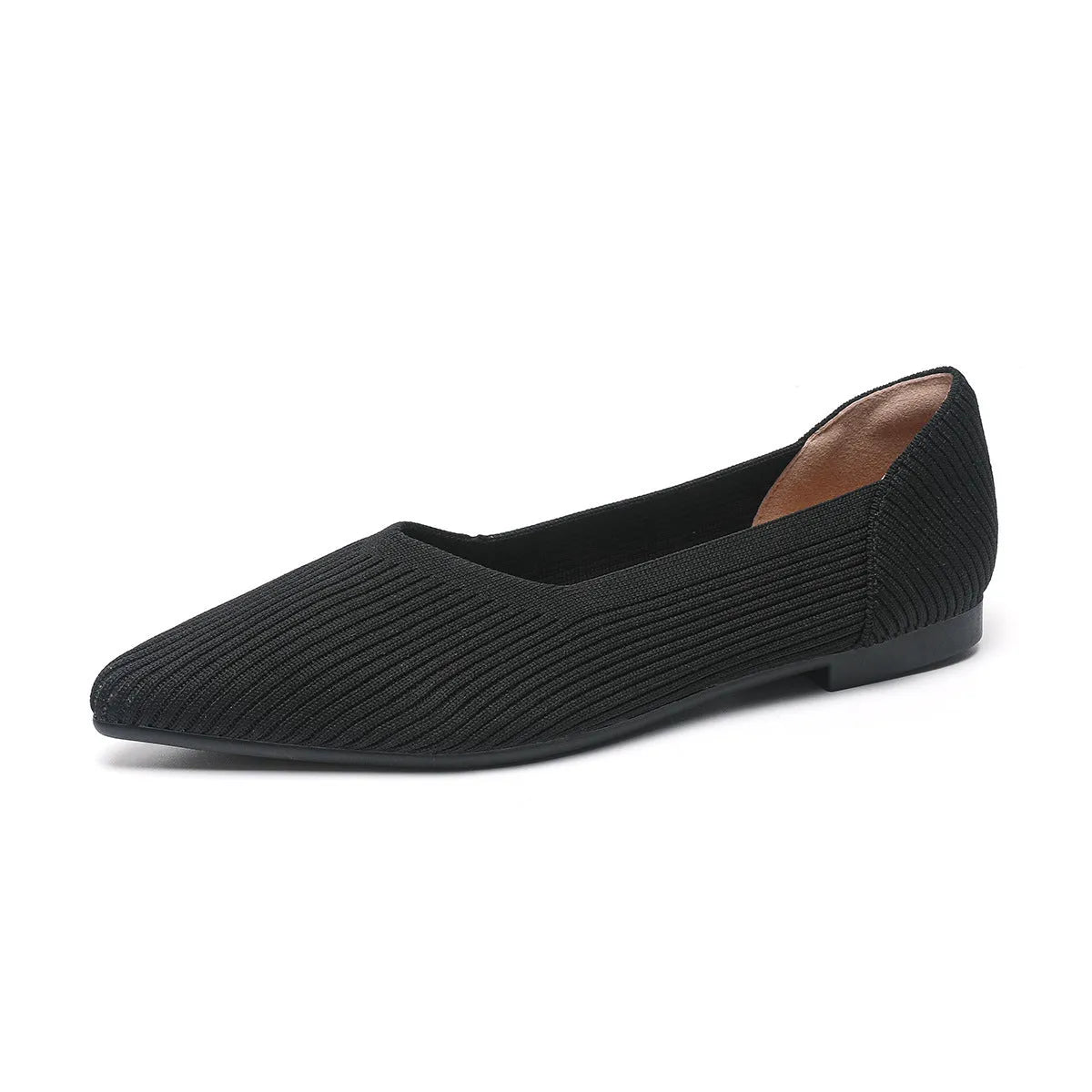 Women's apricot-coloured knit flat pumps with a pointed toe and slip-on design on a white background.