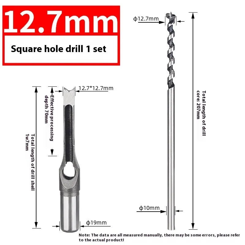 Square hole drill bit woodworking tool set with 12.7mm sleeve and core components
