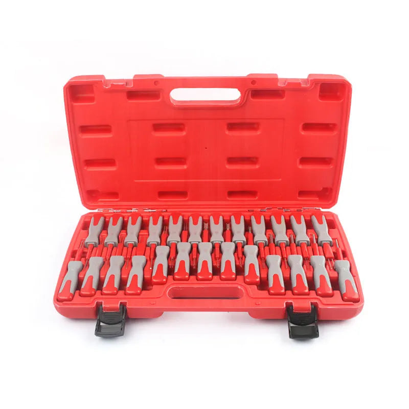 Car terminal removal tool kit with 25 pieces including needles and pull-out keys in a storage case.