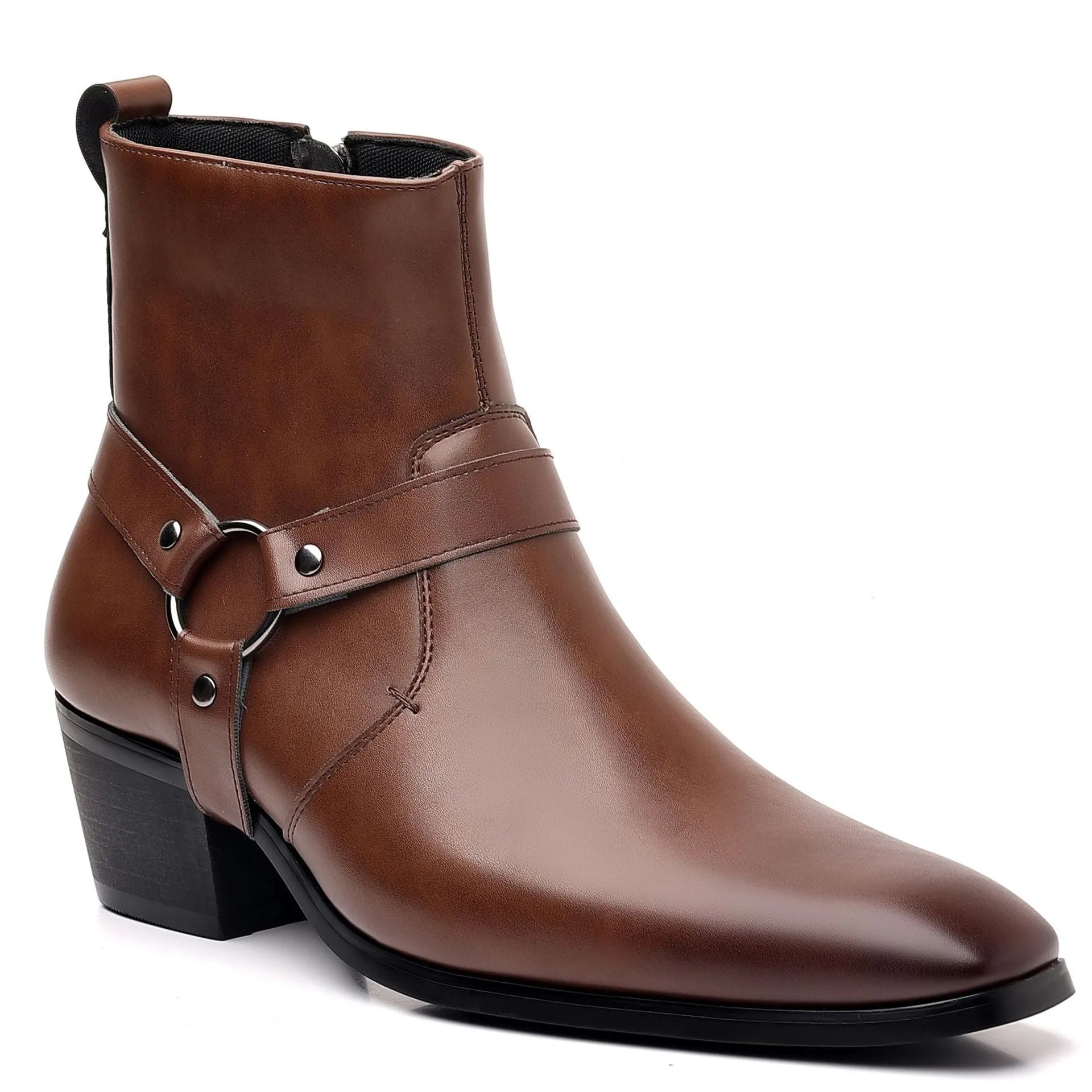 Unisex black ankle boots with side zipper, square toe, chain and rivet details on a horseshoe heel.