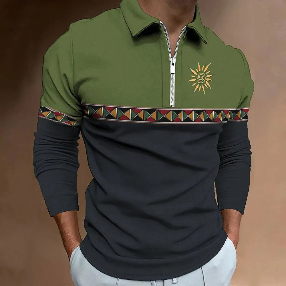 Men's retro colour print long sleeve golf t-shirt with loose fit and zipper decorations