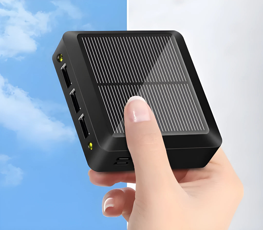 Small portable solar power bank in plastic case, 80x80x28mm, with USB output