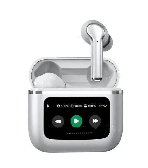 T68 PRO wireless Bluetooth in-ear headphones with colour touch screen display in black, silver, or Champagne.