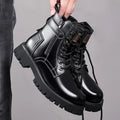 Men's light brown high-top Martin boots with a side zip and thick rubber sole on a white background.