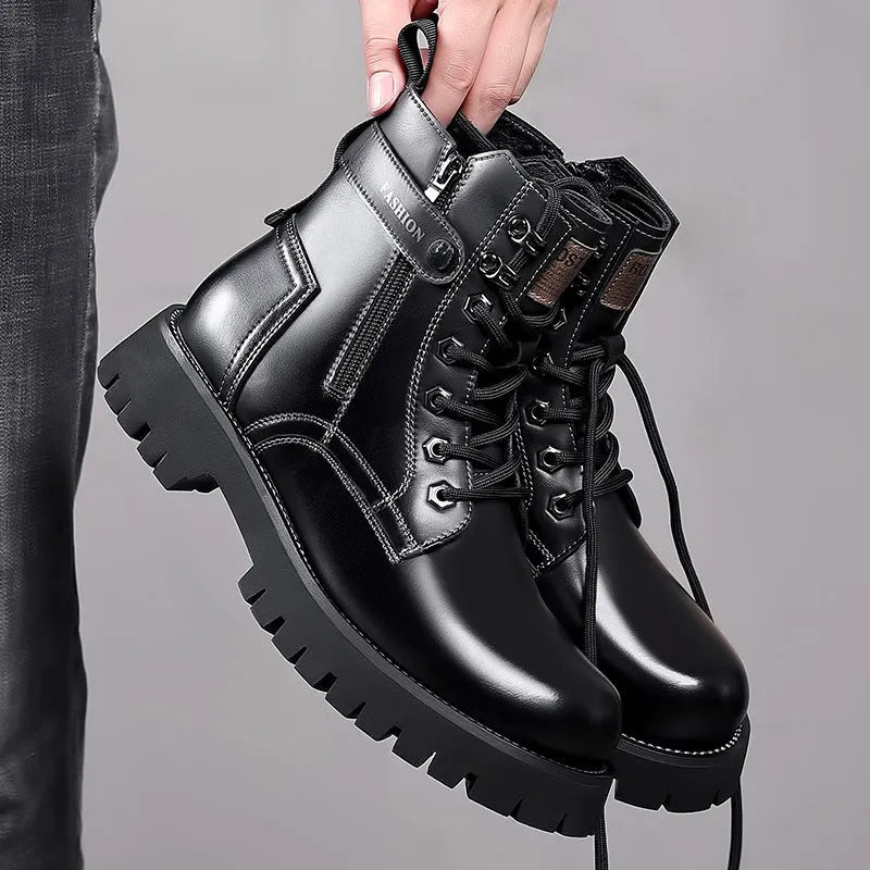 Men's light brown high-top Martin boots with a side zip and thick rubber sole on a white background.