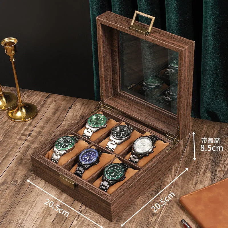 Wood grain leather 2-watch box with soft pillow and glass lid MDF shell