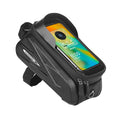 Black EVA PU leather bicycle top tube phone storage bag 1.5L with zipped closure on a bike frame
