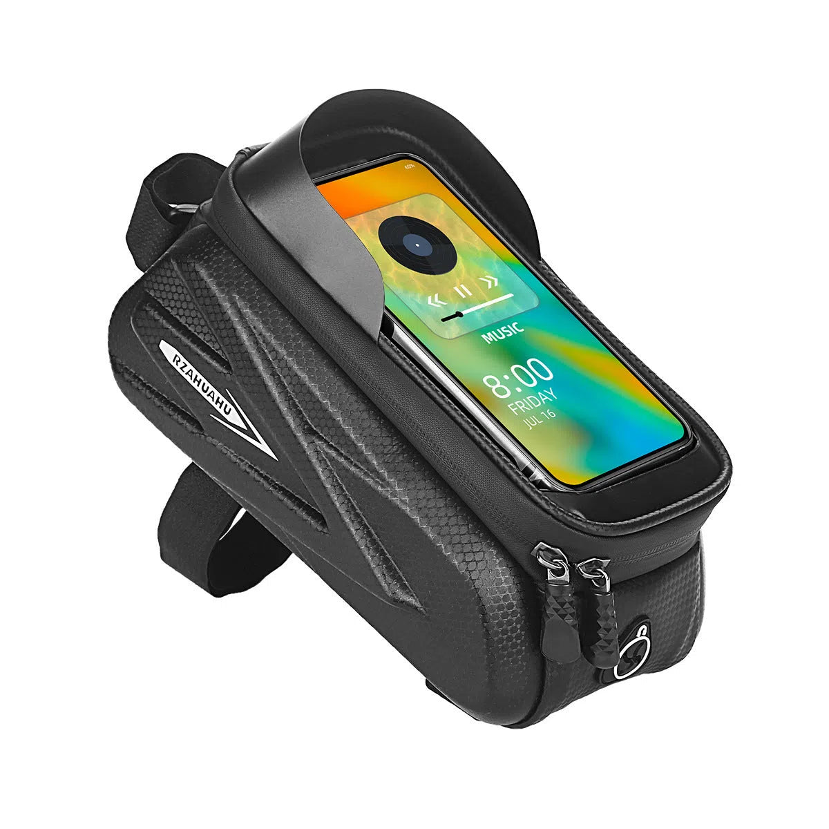 Black EVA PU leather bicycle top tube phone storage bag 1.5L with zipped closure on a bike frame