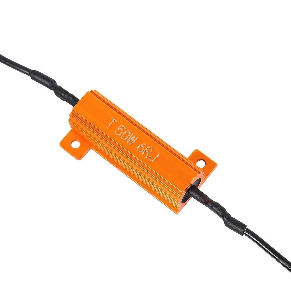 Gold-coloured 50W LED decoder kit with aluminium case, two metal decoders, and four electrical connection clips.
