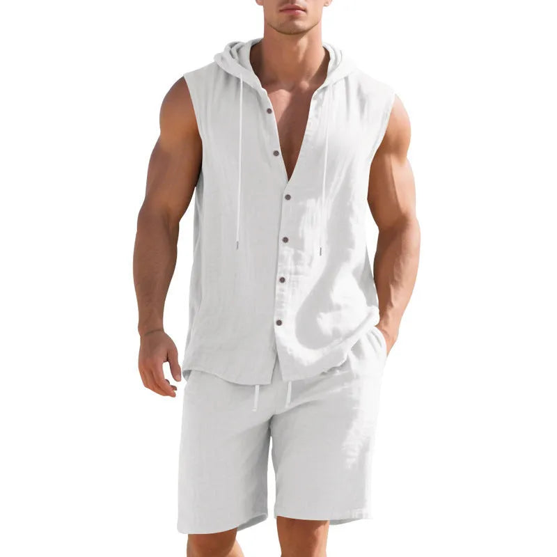 Men's sleeveless linen shirt and shorts suit set on a hanger, shown in a light colour.