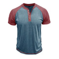 Men's solid colour short sleeve pullover top with raglan sleeves in a cotton blend fabric.