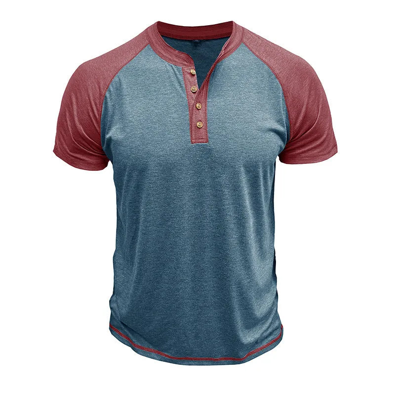 Men's solid colour short sleeve pullover top with raglan sleeves in a cotton blend fabric.