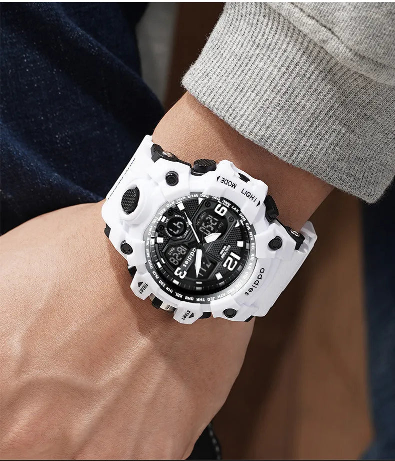 Men's black and red electronic sports watch with analogue hands and digital display, showing 50m waterproof rating on dial