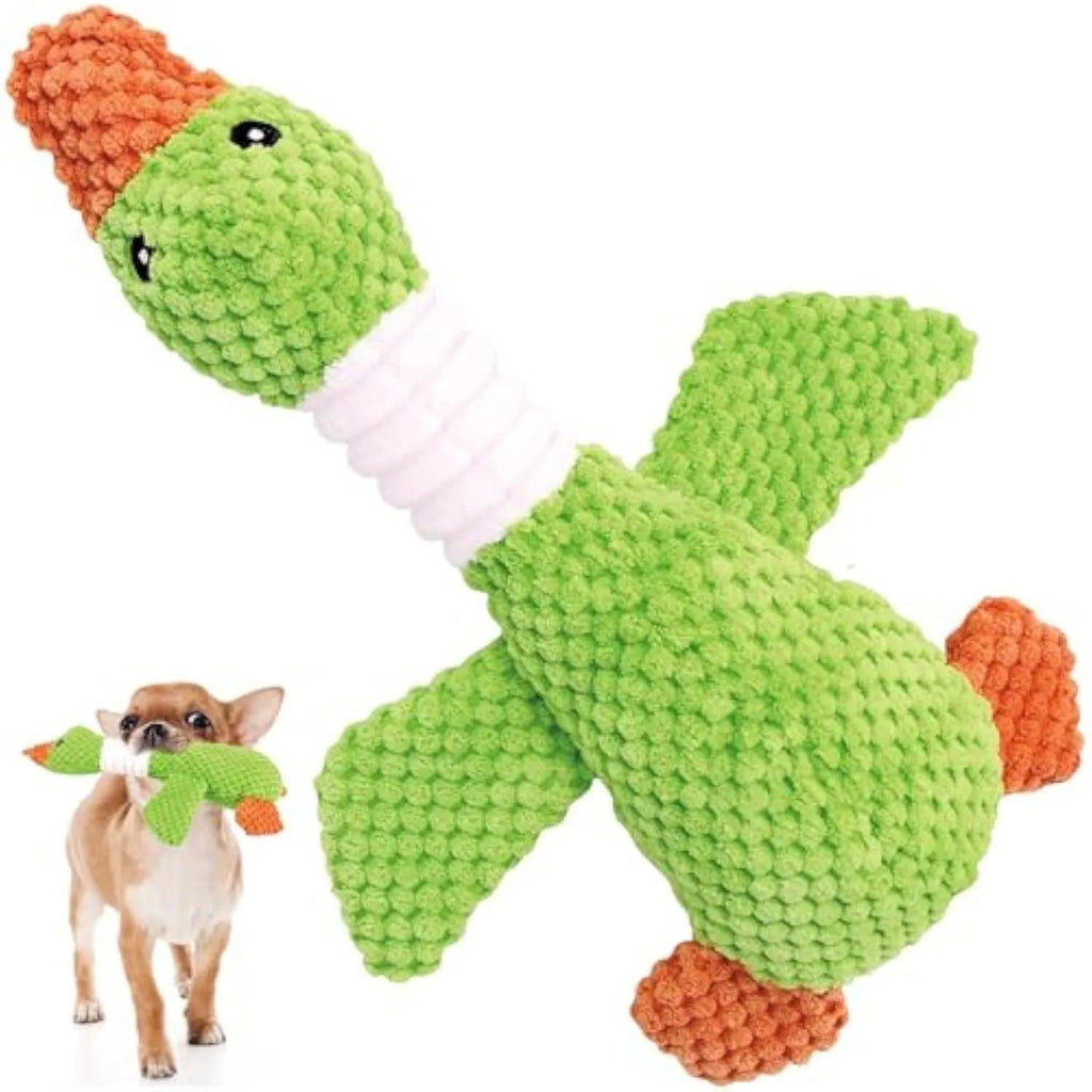 Blue, green, or grey duck-shaped plush dog toy with two squeakers.