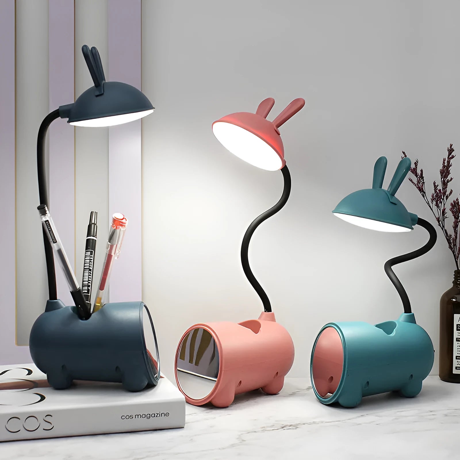 Cartoon-style desk lamp with integrated pen container in modern simple design