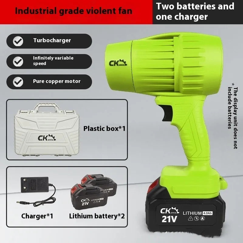 Brushless turbo fan industrial hair dryer with 21V lithium battery in green colour
