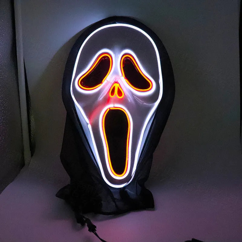 Halloween scary skull LED glowing screaming mask with white shell and ice blue light
