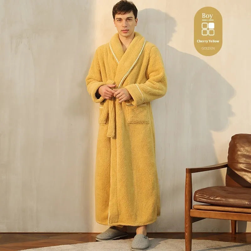 A man and woman wearing matching heavyweight navy blue flannel bathrobes, a couple's winter nightgown set.