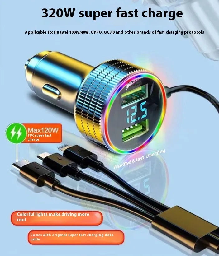 Colorful light-level fast charging car phone charger with three-in-one cable metal plastic 320W black silver