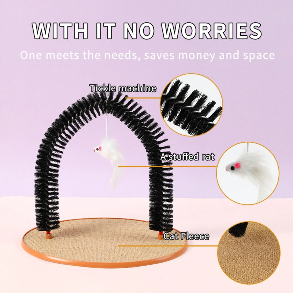Black plastic arch-shaped cat grooming brush and scratching post with attached mouse toy
