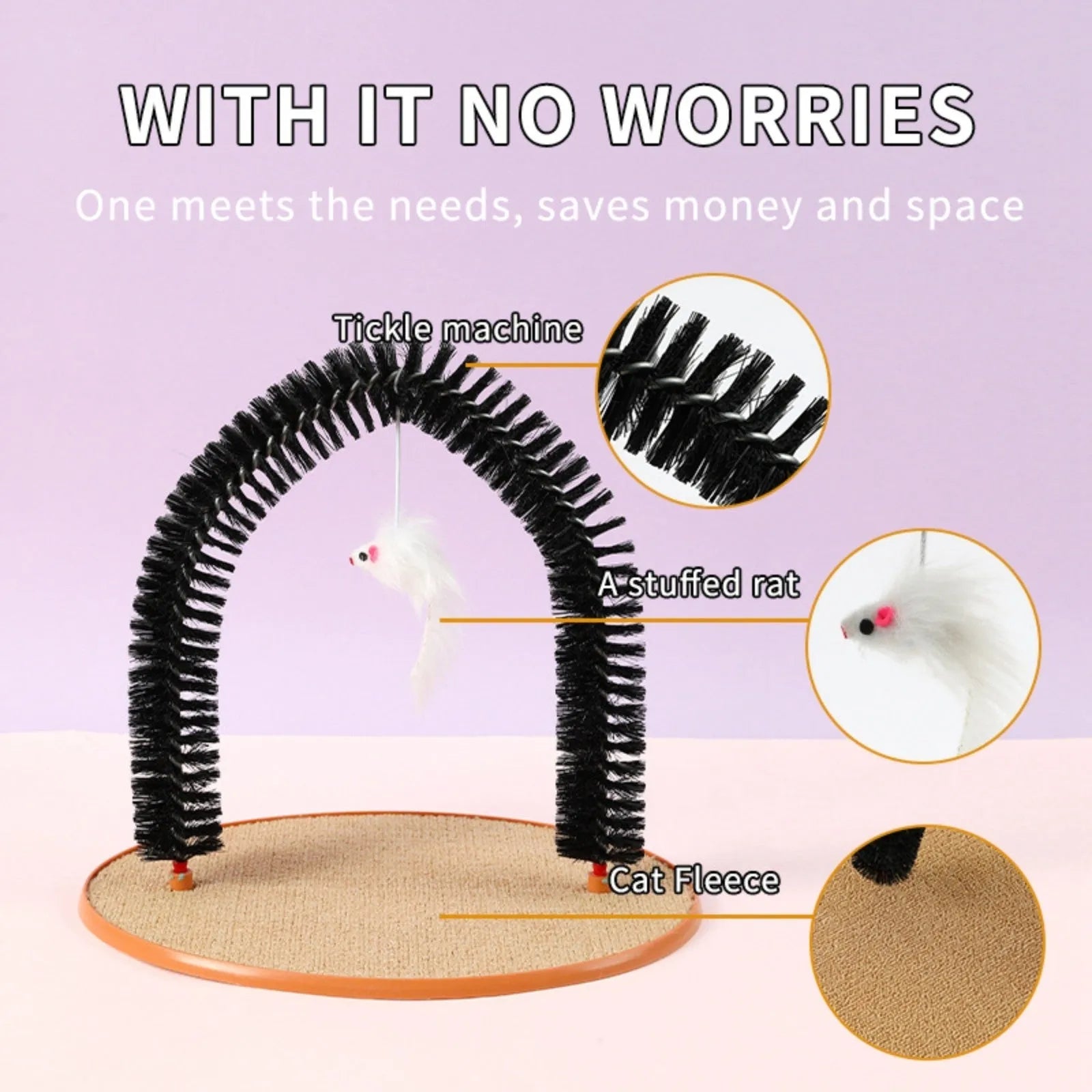 Black plastic arch-shaped cat grooming brush and scratching post with attached mouse toy