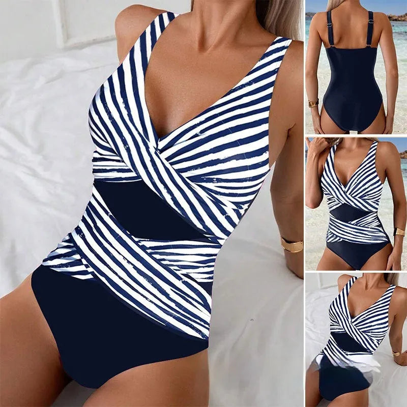 Women's sleeveless striped one-piece swimsuit in picture colour for swimming and wading, sizes S-3XL