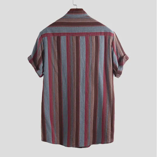 Men's cotton blended long sleeve striped shirt with stand-up collar in red, front view