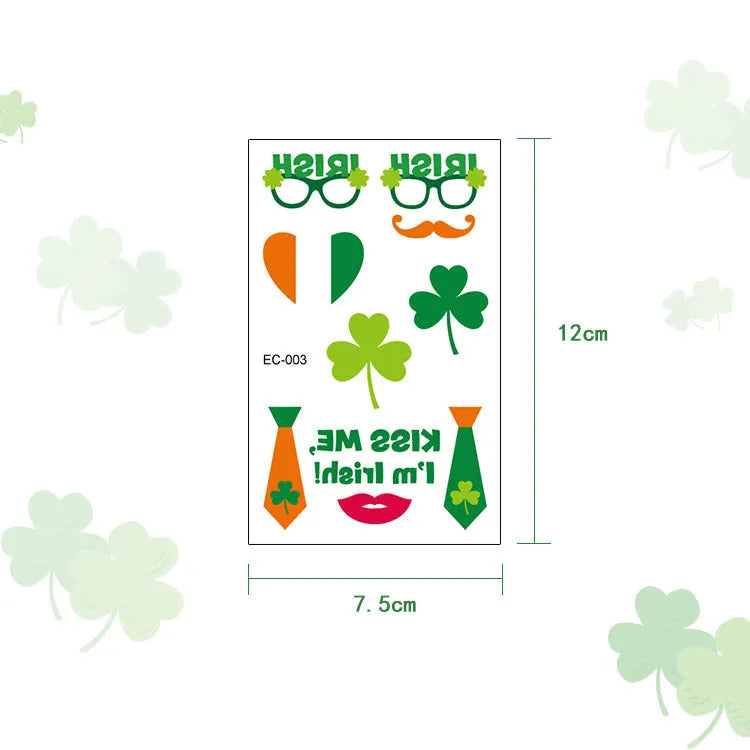 Sheet of children's temporary shamrock flag tattoo stickers for St. Patrick's Day, using water transfer printing.