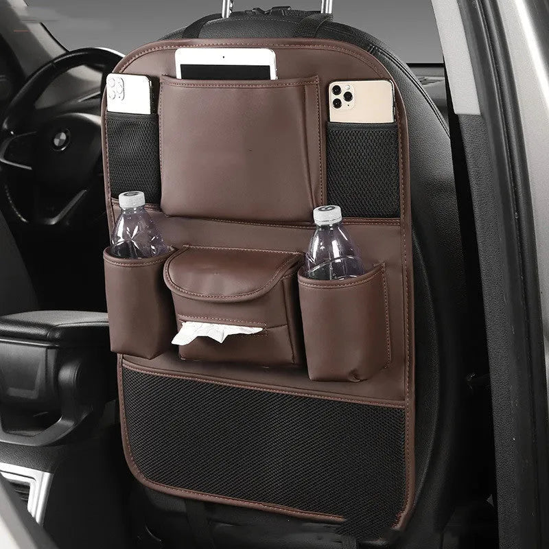 Leather car seat back storage bag in four colour options mounted behind vehicle seat