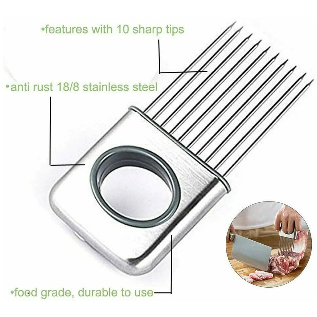 Stainless steel onion holder with sharp prongs and finger guard for vegetable slicing