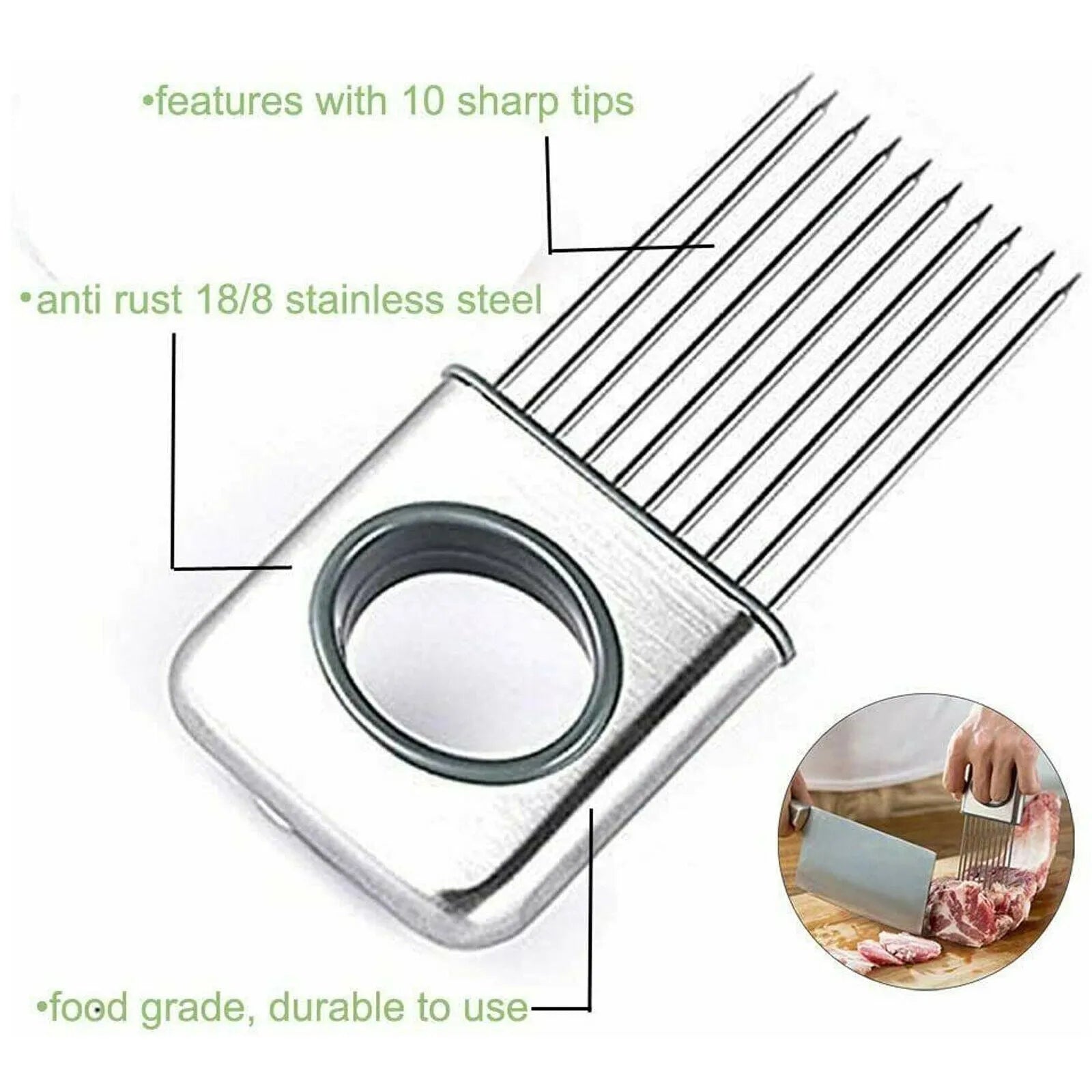 Stainless steel onion holder with sharp prongs and finger guard for vegetable slicing