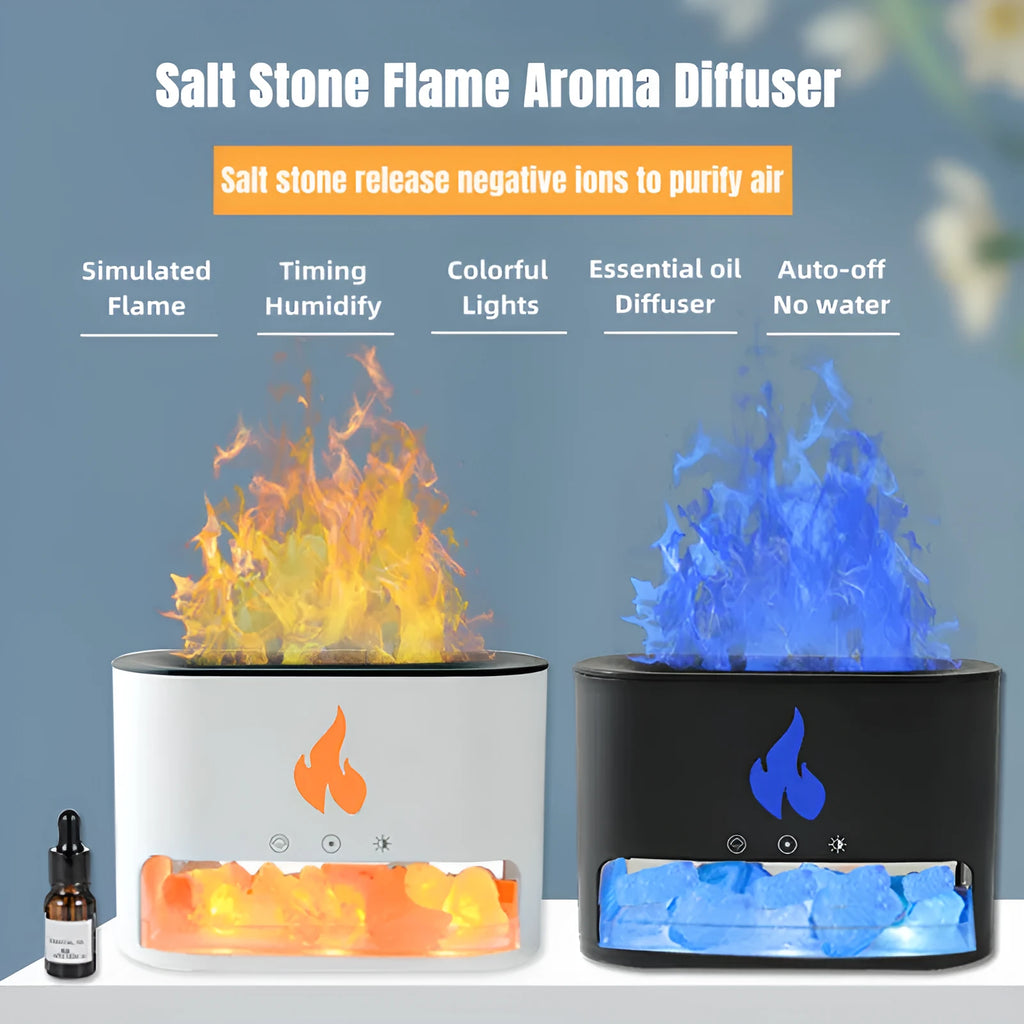 Square desktop flame humidifier with crystal salt stone and colourful atmosphere lighting