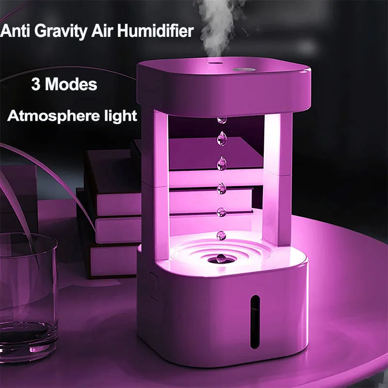 Anti-gravity water drop humidifier with optical illusion water flow and 580ml tank