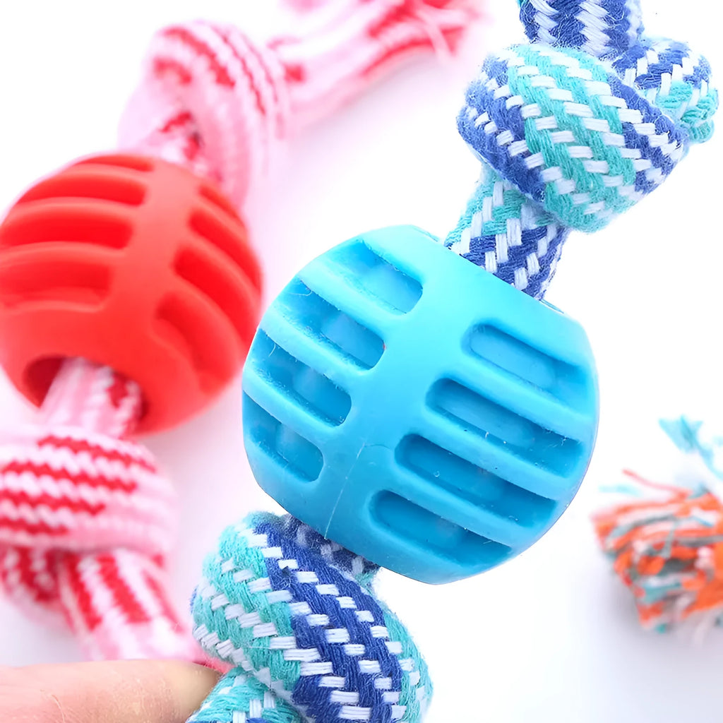 Cotton rope double knot ball dog toy in blue green orange pink red for chewing and tooth cleaning