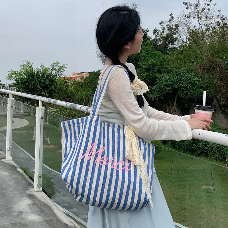 Blue striped letters printed cotton canvas bag with pink blue white stripes