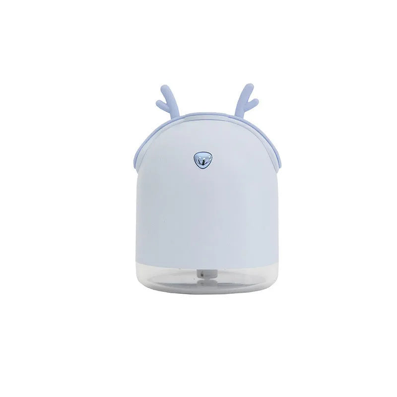 USB ultrasonic mini humidifier in blue with single fog outlet, compact size 91x117.5mm