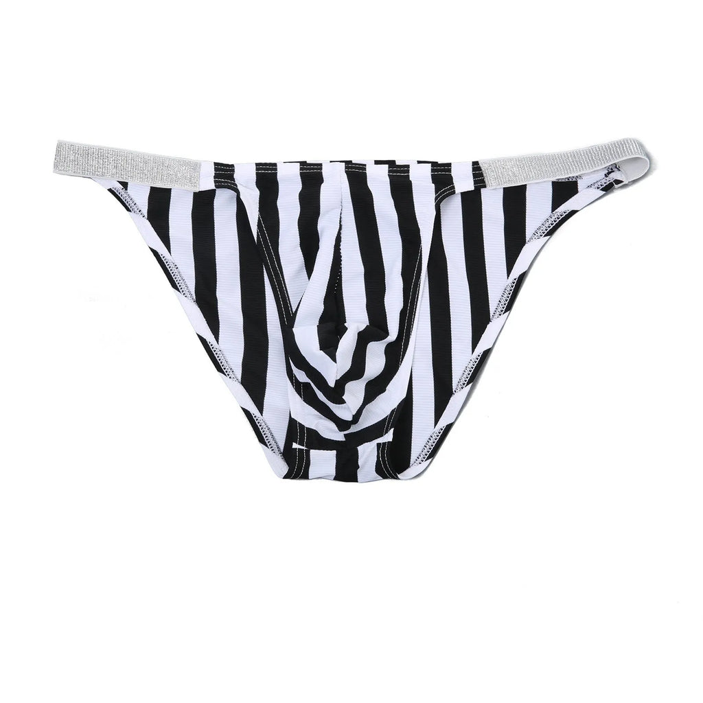 Men's zebra striped low waist briefs with shiny belt and U-pouch front
