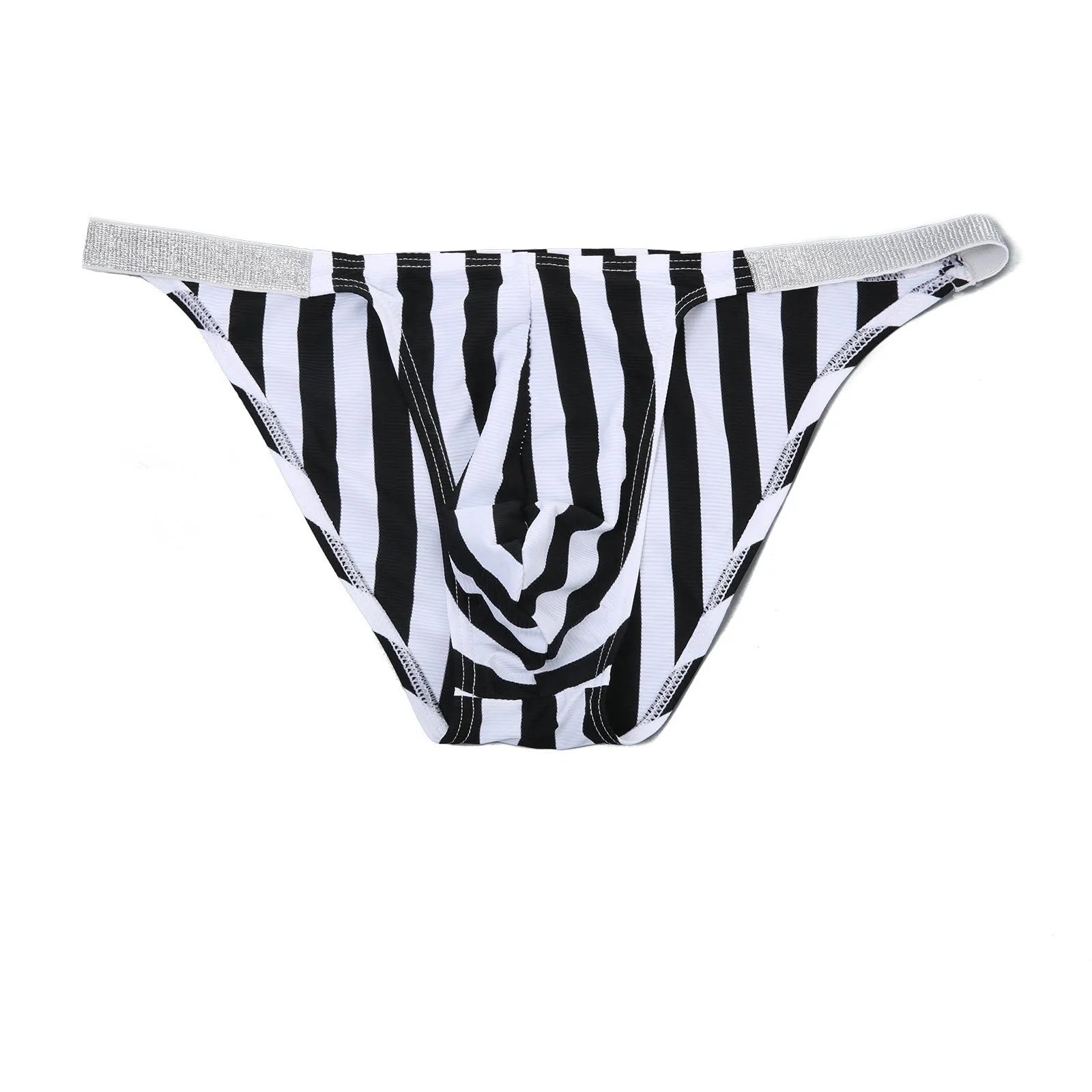 Men's zebra striped low waist briefs with shiny belt and U-pouch front