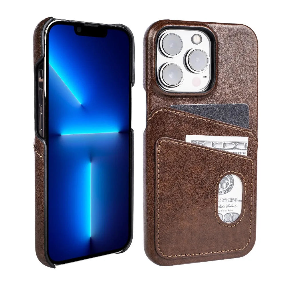 PU leather flip phone case in brown showing front cover with card slot, fits iPhone 13 series models