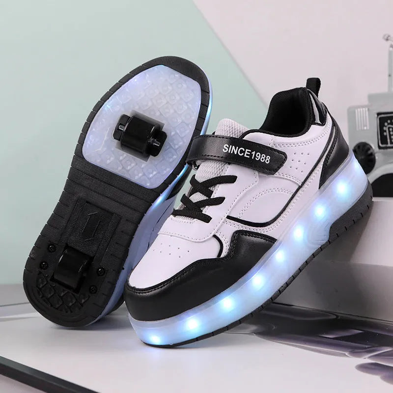 Children's LED flash rollerskates showing 2-wheel and 4-wheel models in multiple colours with illuminated wheels