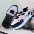 Children's LED flash rollerskates showing 2-wheel and 4-wheel models in multiple colours with illuminated wheels