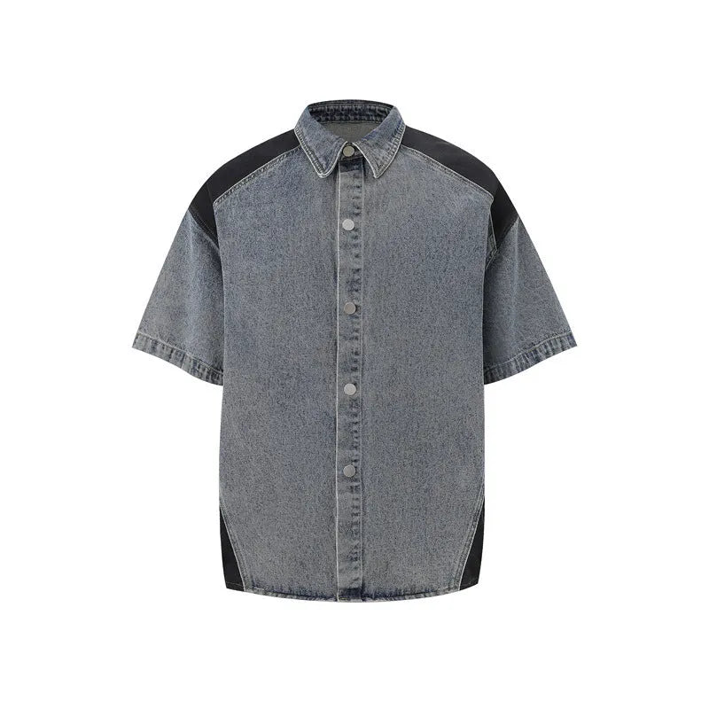 Retro washed denim suit for men with short sleeve shirt and matching trousers in blue.