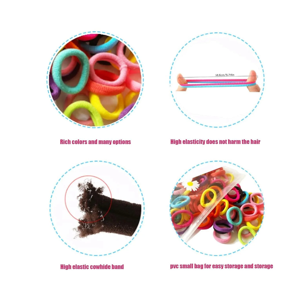 100 multicolour seamless cotton baby hair ties in a jar, shown next to a toddler's ponytail.