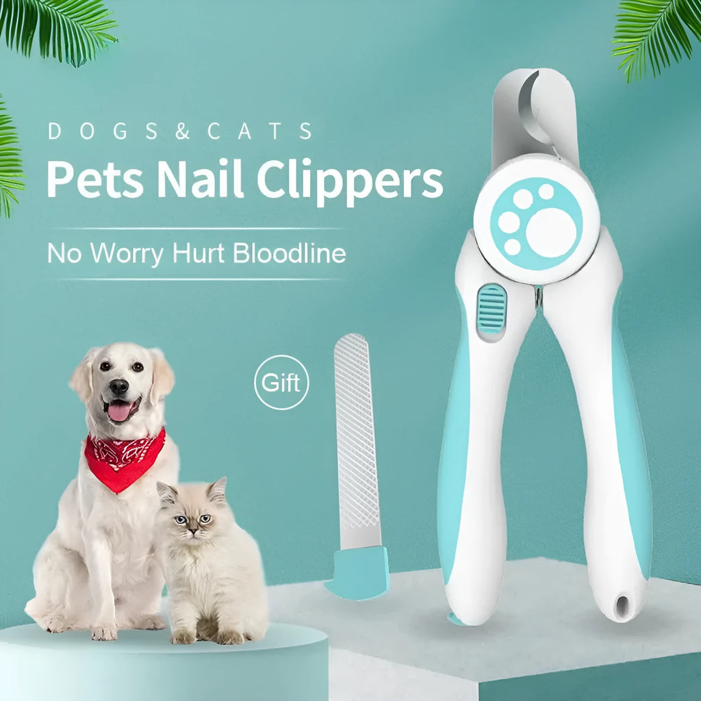 Blue and white professional pet nail clipper with safety lock and nail file for dogs and cats.