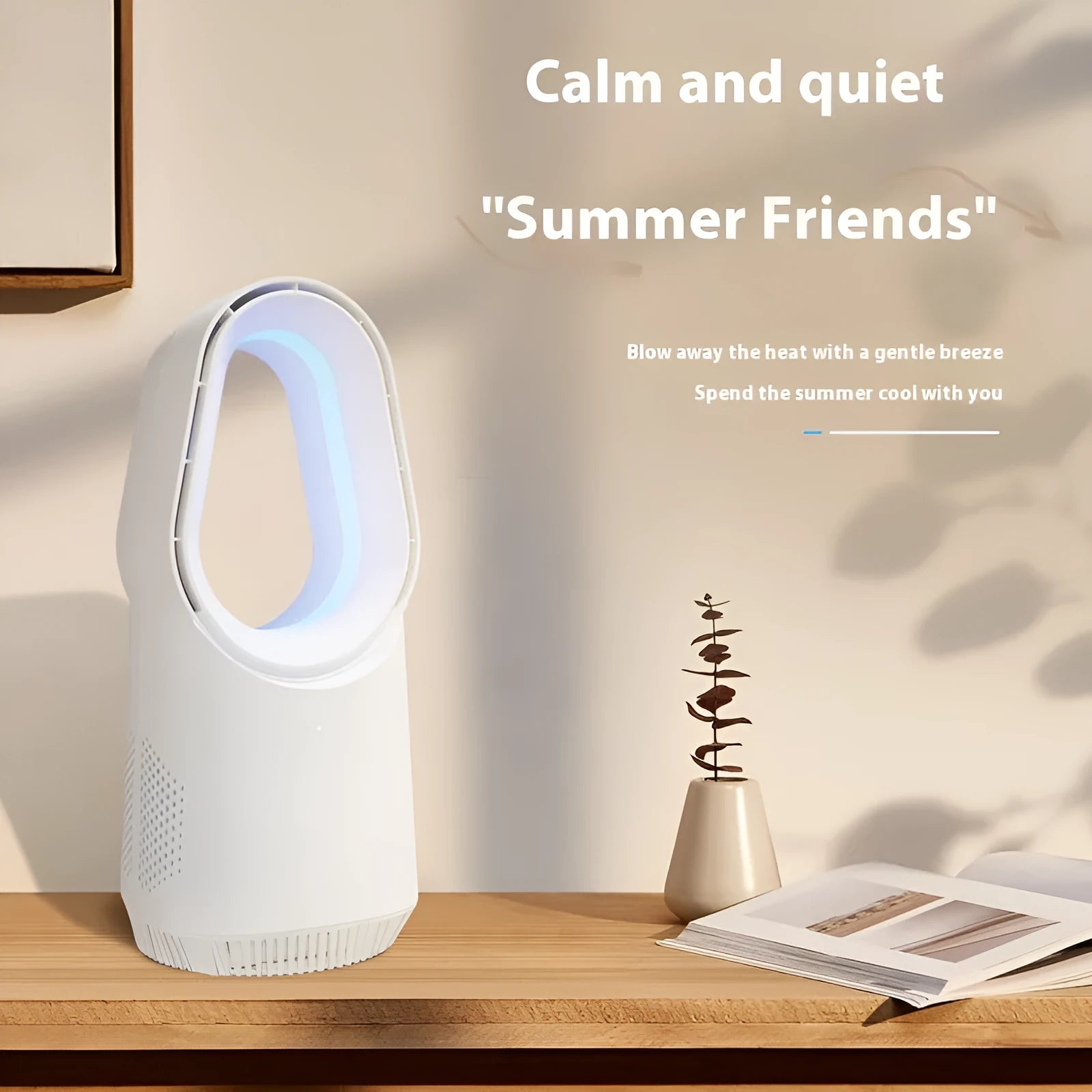 White bladeless tower fan with remote control on wooden floor