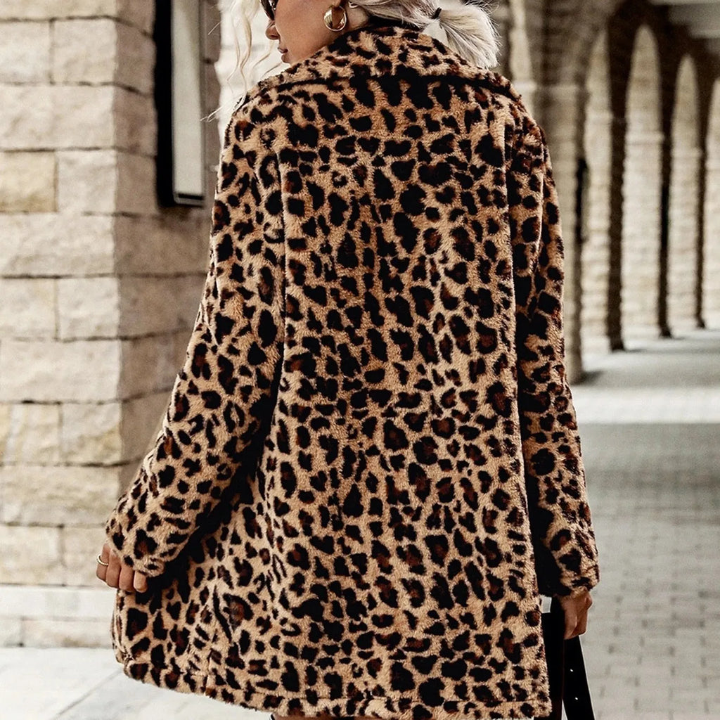 Leopard print furry long sleeve coat top for women with conventional sleeves, available in sizes S to 2XL